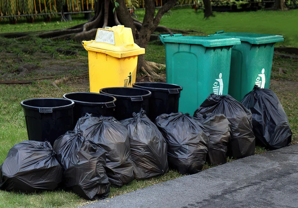 Bags of rubbish and bins ready for a waste removal collection